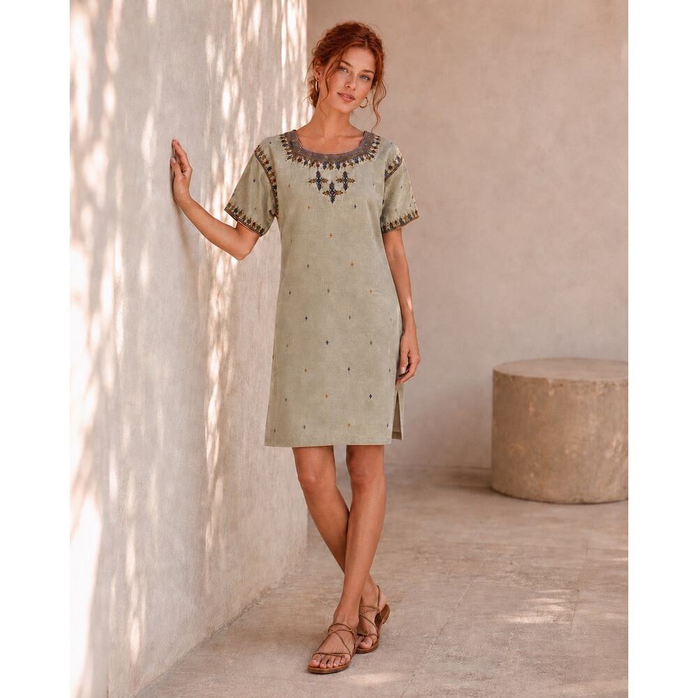 Handmade Raw Silk Hand Embroidered Midi Dress Celadon Sage-Tan Artisan Boho S/M